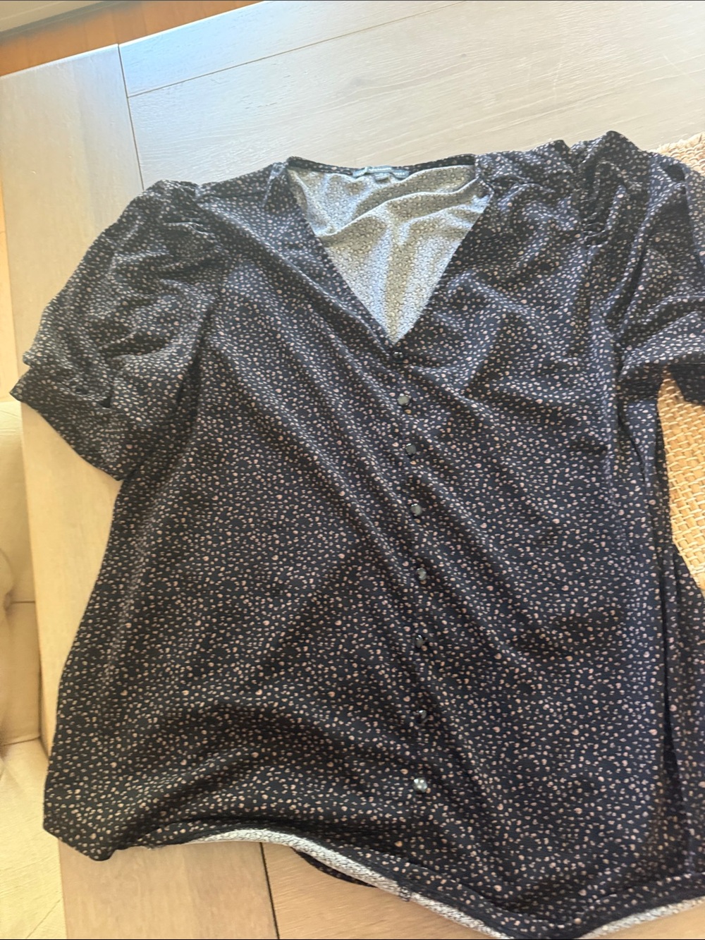 Adrianna Papell Black Button-Front Blouse with Tiny Pink Floral Print